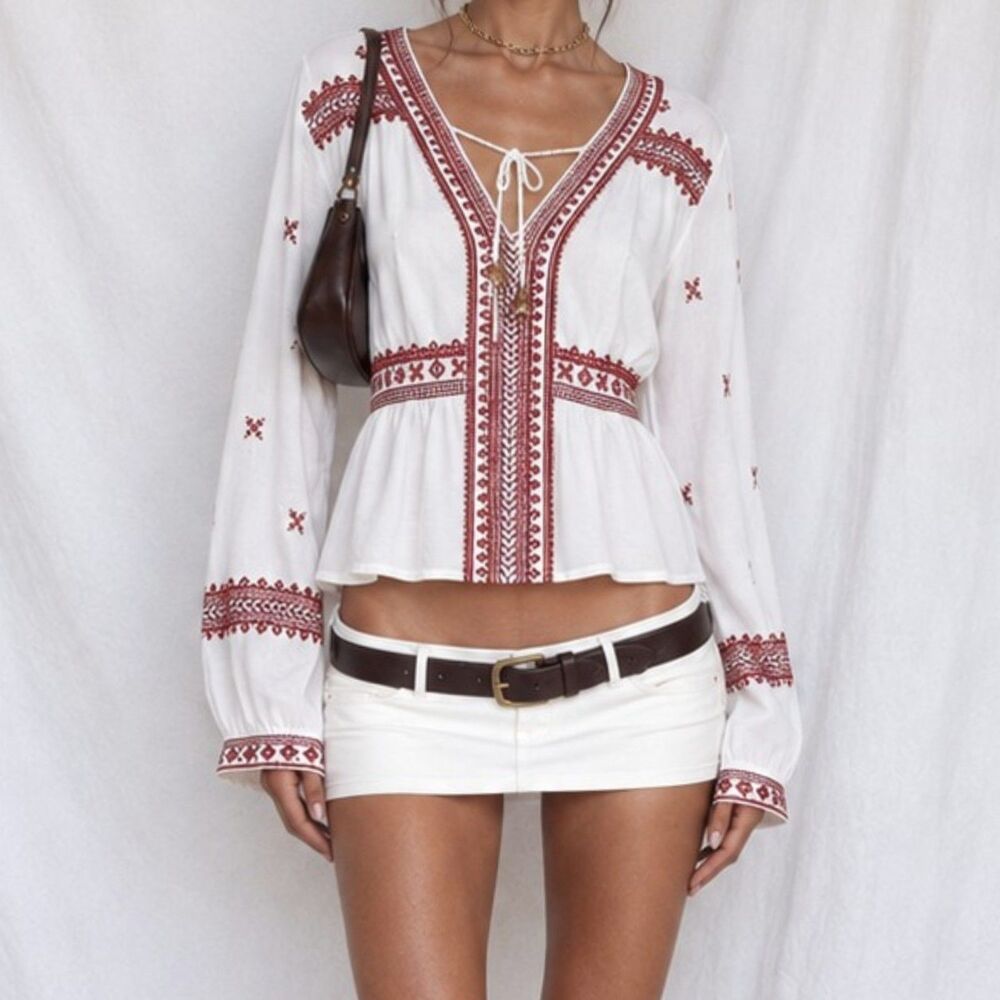 Vintage Off White Boho Long Sleeve Tribal Print Semi Sheer Babydoll Blouse XS